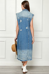 Veveret Full Size Sleeveless Distressed Longline Denim Jacket for Women